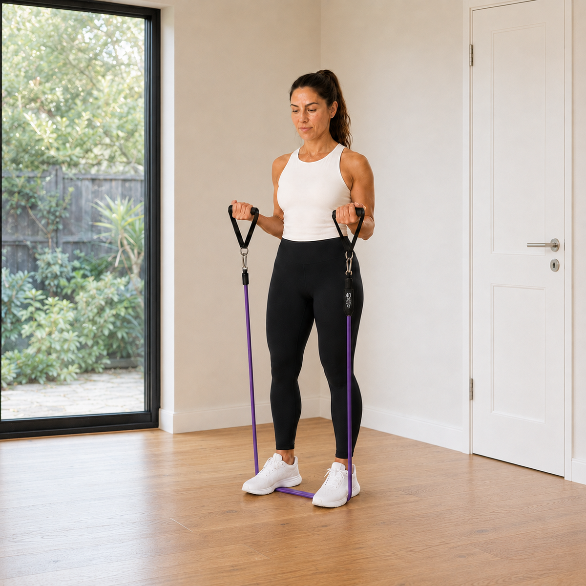 Woman performing a bicep curl with Movita tube resistance bands and handles at home