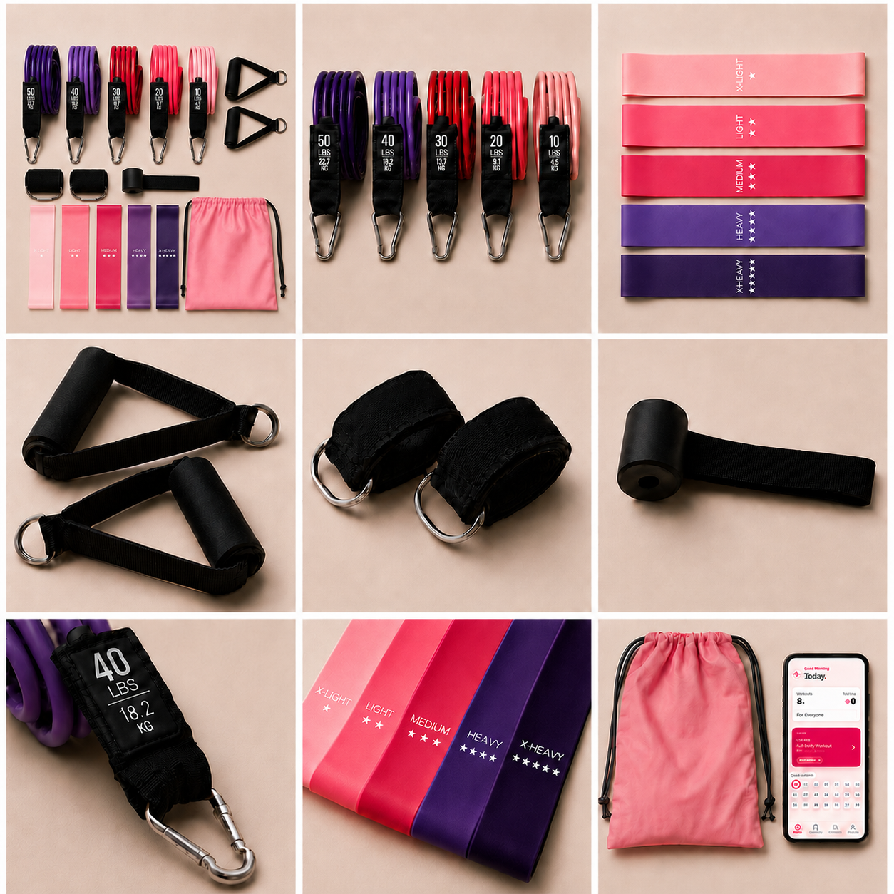 Close-up of Movita resistance-band handles, clips and accessories