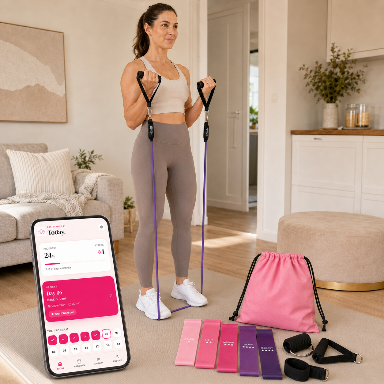 Full Movita 16-piece resistance-band kit with tube bands, loop bands, handles, ankle straps, door anchor and carry pouch