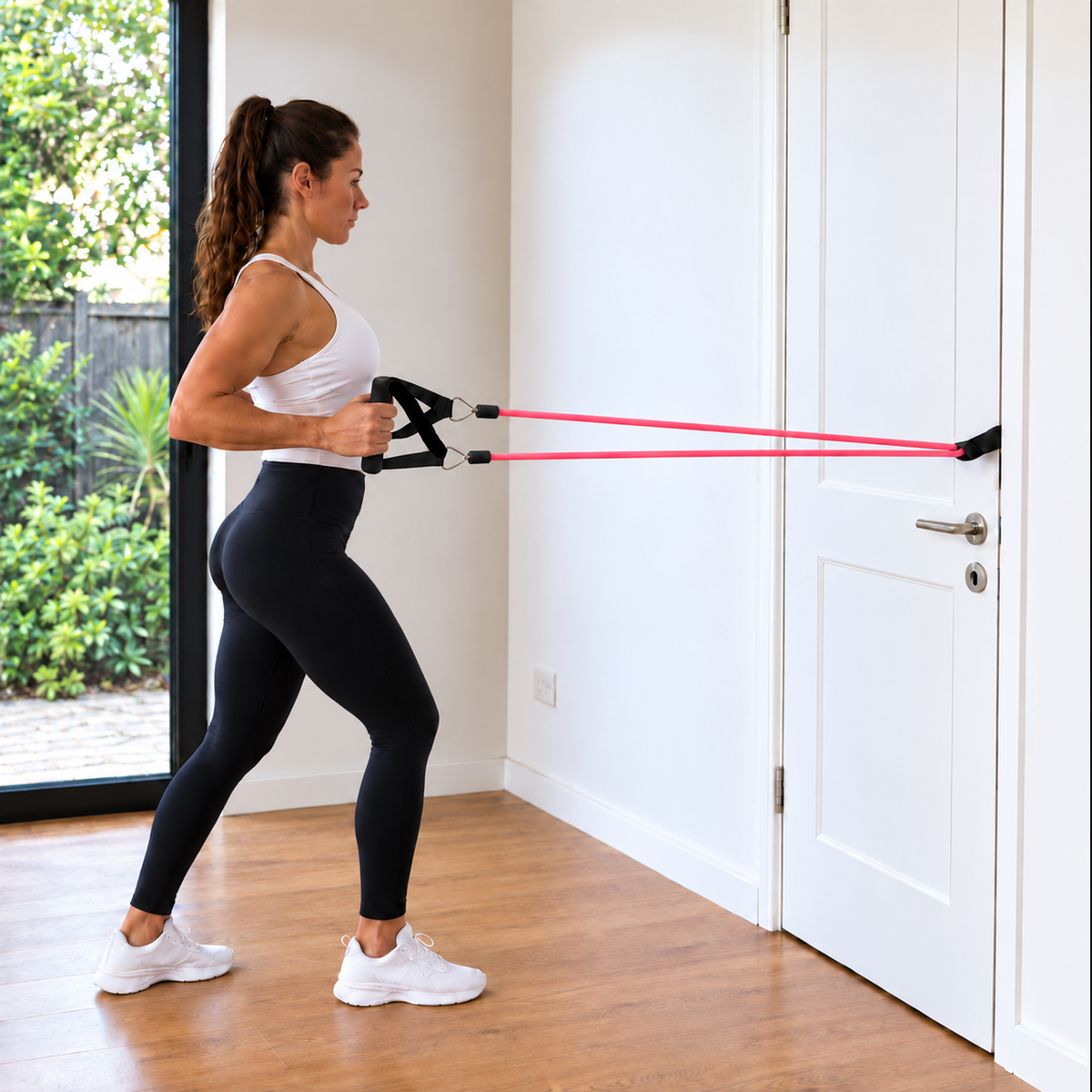 Woman performing a standing resistance-band kickback with Movita