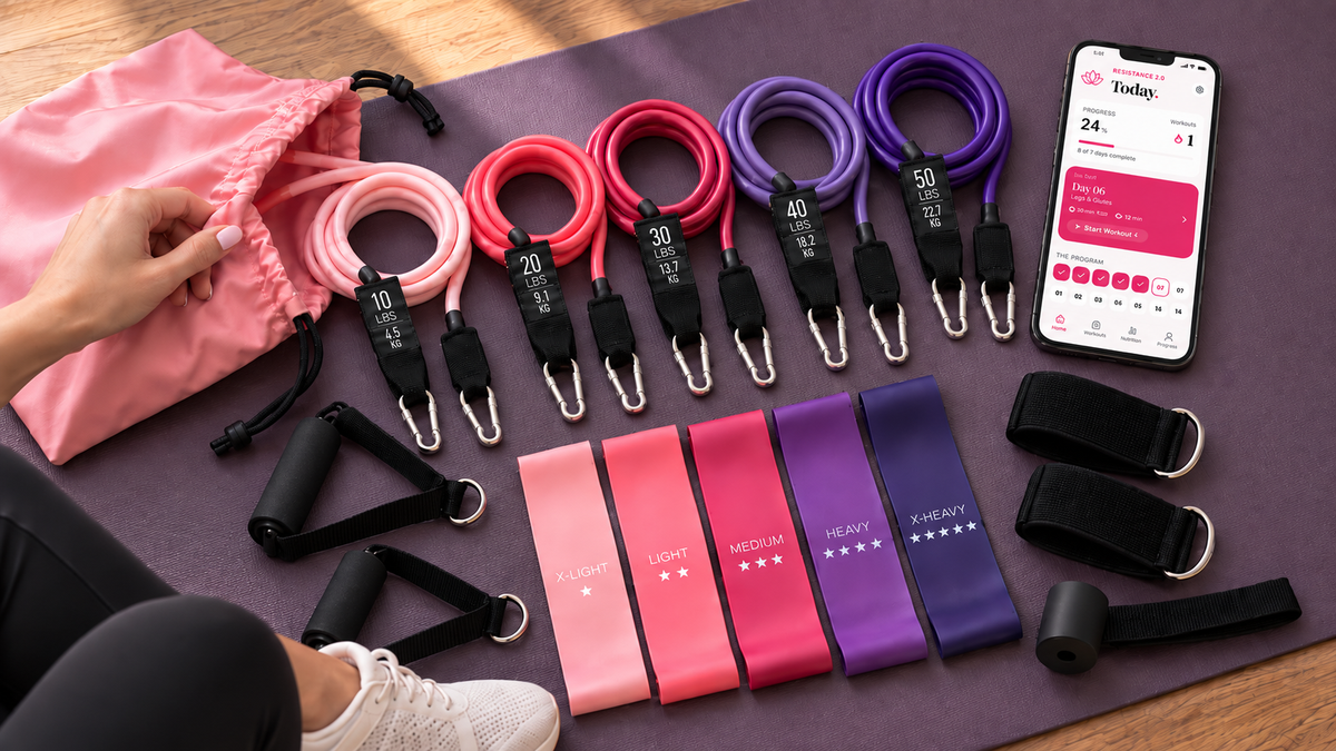 Movita resistance bands and training accessories beside a phone showing the Resistance21 home workout plan.