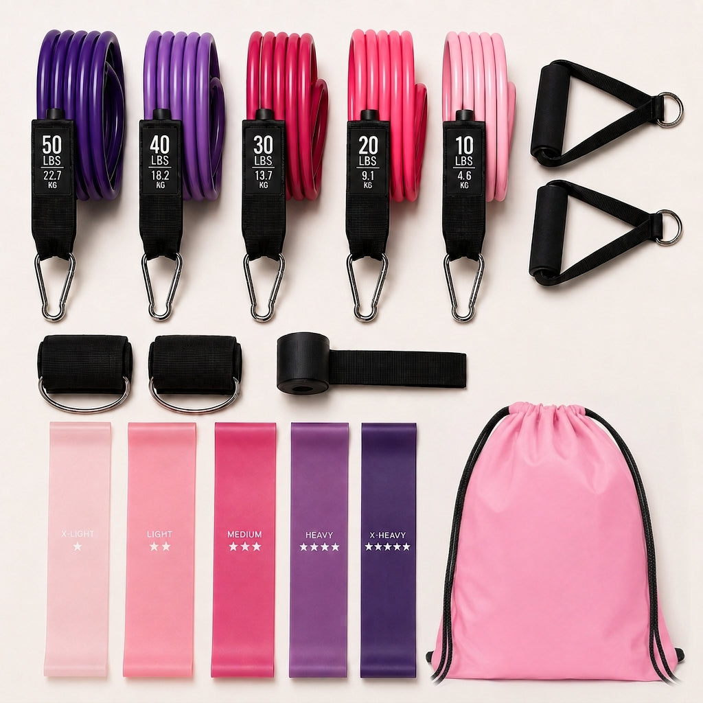 Movita tube and loop resistance bands, handles, ankle straps, door anchor and blush-pink drawstring pouch arranged on a light studio surface.